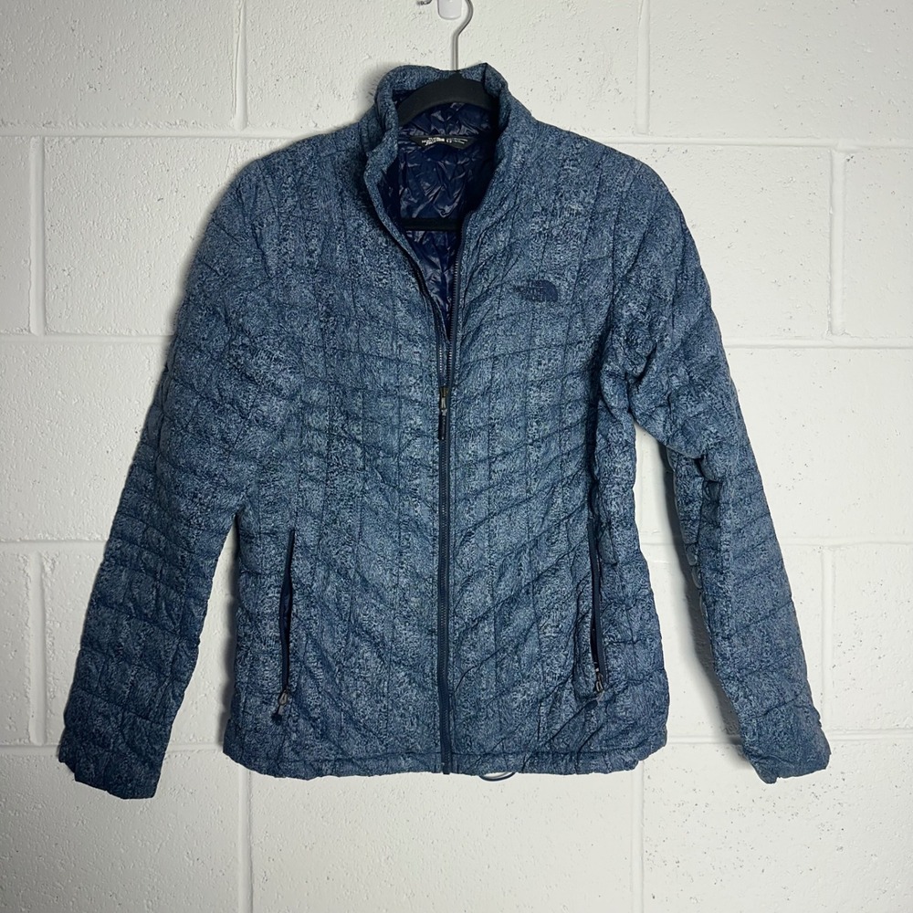 The North Face Thermoball Puffer Jacket Womens Small Blue White Print Full Zip